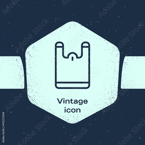 Grunge line Plastic bag icon isolated on blue background. Disposable cellophane and polythene package prohibition sign. Monochrome vintage drawing. Vector