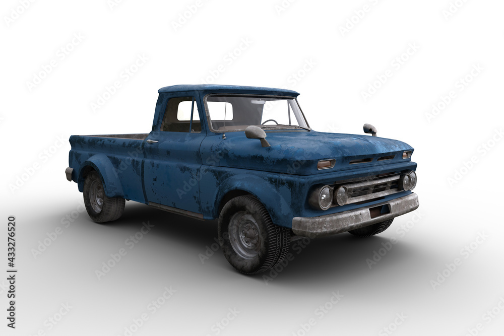 3D rendering of an old dusty vintage blue pickup truck isolated on white.