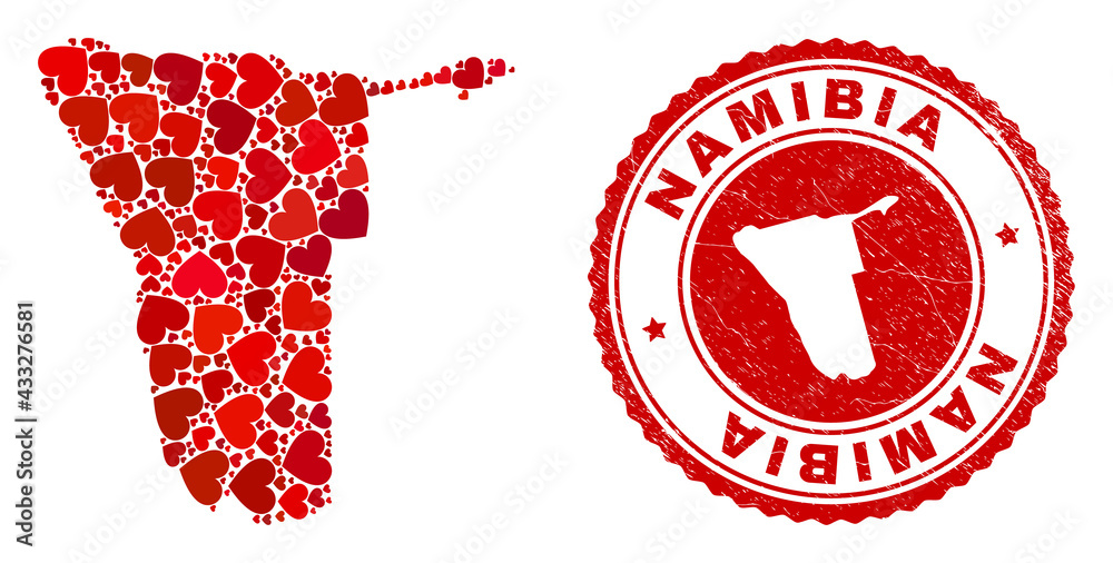 Mosaic Namibia map composed with red love hearts, and scratched stamp. Vector lovely round red rubber stamp imitation with Namibia map inside. Mosaic Namibia map composed with red love hearts, and scratched stamp. Vector lovely round red rubber stamp imitation with Namibia map inside.
