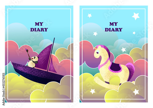 set of beautiful postcards with hand drawn fluffy watercolor clouds and unicorn. Sweet dreams of a newborn baby. For birthday, housewarming, party, toy stores