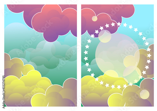 set of beautiful postcards with hand drawn fluffy watercolor clouds. Sweet dreams of a newborn baby. For birthday, housewarming, party, toy stores
