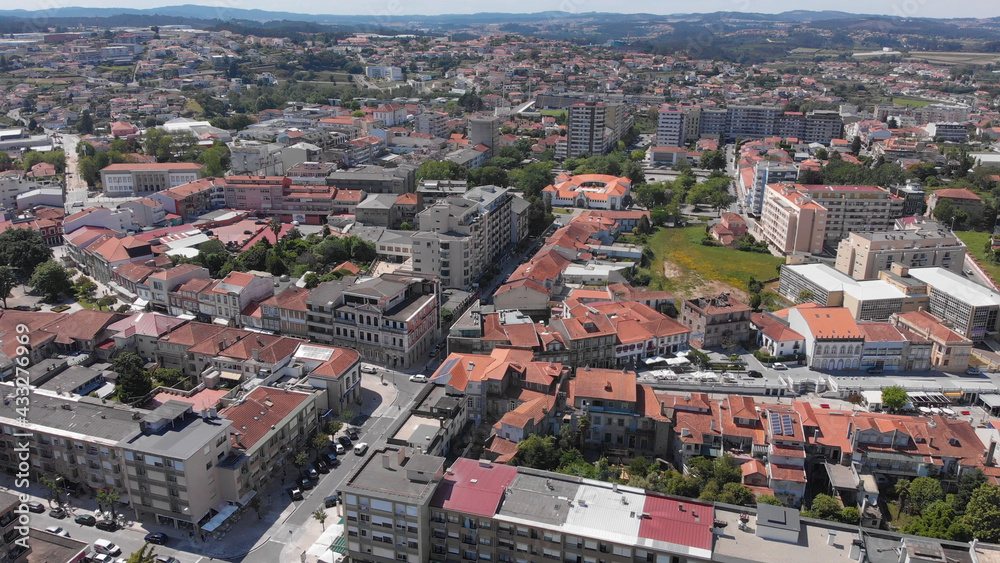 Santo Tirso, Portugal - May 1, 2021: Aerial panoramic cityscape view of Santo Tirso.