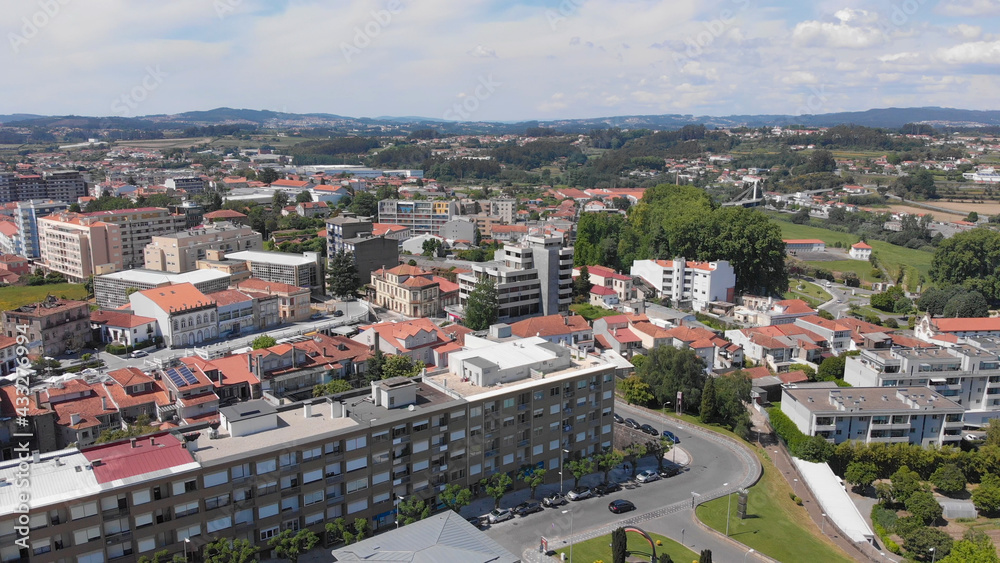 Santo Tirso, Portugal - May 1, 2021: Aerial panoramic cityscape view of Santo Tirso.