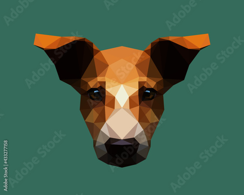 White brown dog head isolated low polygon cartoon on green background, big ears pet character geometric tan hound icon, brunette puppy animal face mosaic design illustration.