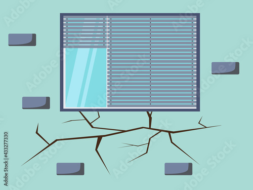 Crack on the wall near the window, vector illustration. A cleft in the plaster of the house. Damage, hole on the outer wall, brick surface of the building. Destruction as a result of an earthquake