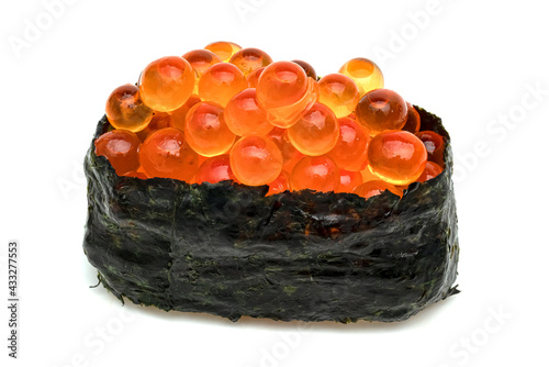 Tela rolled sushi of salmon roe nigiri isolated on white background