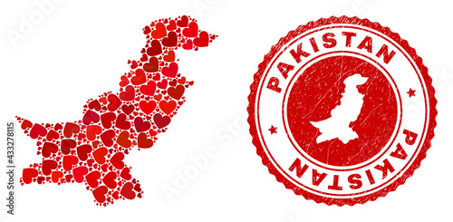 Mosaic Pakistan map formed from red love hearts, and rubber badge. Vector lovely round red rubber badge imprint with Pakistan map inside.