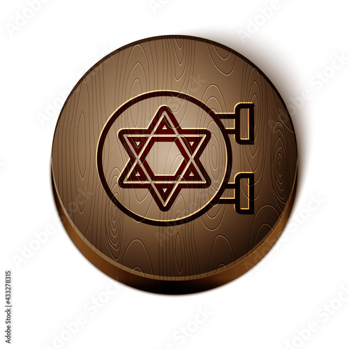 Brown line Jewish synagogue building or jewish temple icon isolated on white background. Hebrew or judaism construction with David star. Wooden circle button. Vector