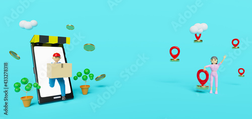 Courier man and mobile phone with pins and taker in blue composition ,Online delivery service business concept ,3d illustration or 3d render