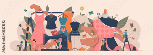 Fashion or clothes designer concept. Tiny tailor masters sewing clothes and working with a mannequin. Designing new collection in sewing studio. Dressmaker working on sewing machine. Vector.
