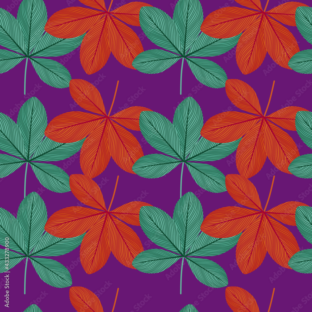 Bright botanic seamless pattern with red and green doodle scheffler flowers print. Purple background.