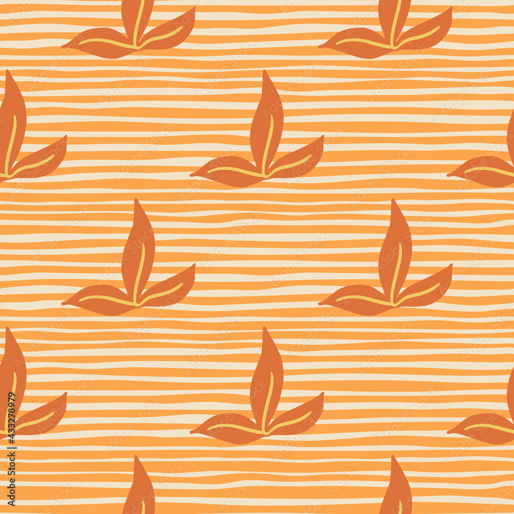 Doodle hand drawn simple leaf seamless pattern. Nature backdrop. Orange striped background.