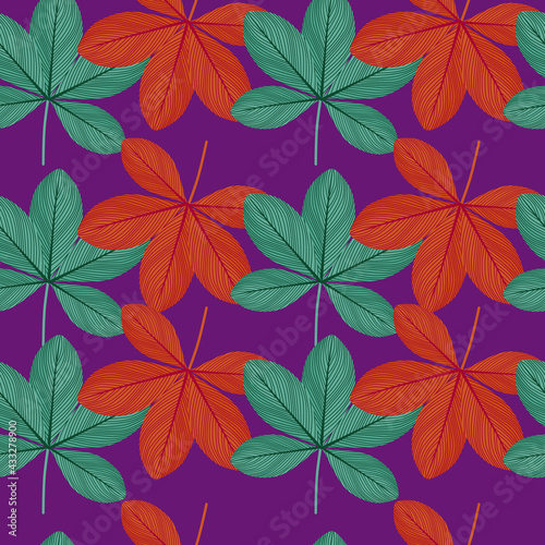 Bright botanic seamless pattern with red and green doodle scheffler flowers print. Purple background.