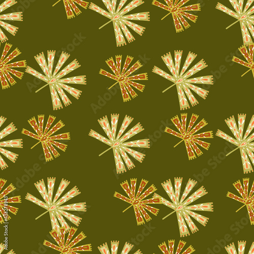 Autumn season nature seamless patern with tropic folk licuala palm ornament on green background.