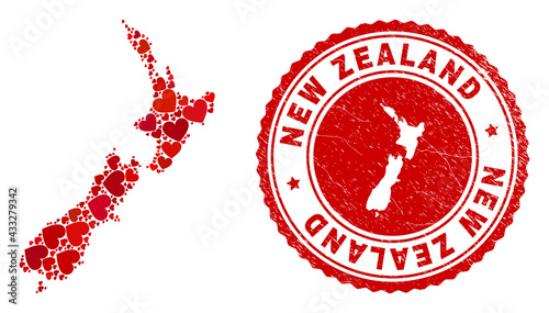 Collage New Zealand map created with red love hearts, and rubber stamp. Vector lovely round red rubber stamp imitation with New Zealand map inside.