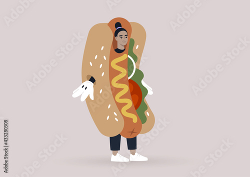 A young female Asian character wearing a giant hot dog costume, a fast food restaurant promo, marketing