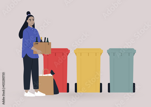 A young female Asian character separating garbage, a zero waste policy
