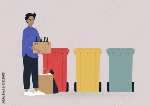 A young male character separating garbage, a zero waste policy
