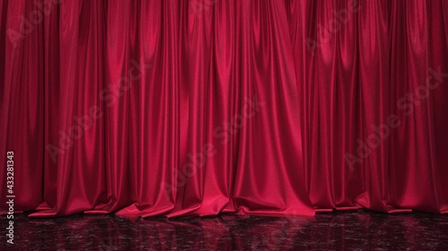 Realistic 3D animation of the fancy red textured show stage curtain and black marble flooring with reflections rendered in UHD with alpha matte
