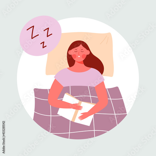 Young woman lying in bed with a book, napping - Female character sleeping, having a sweet dream - Healthcare concept, round frame, vector flat illustration