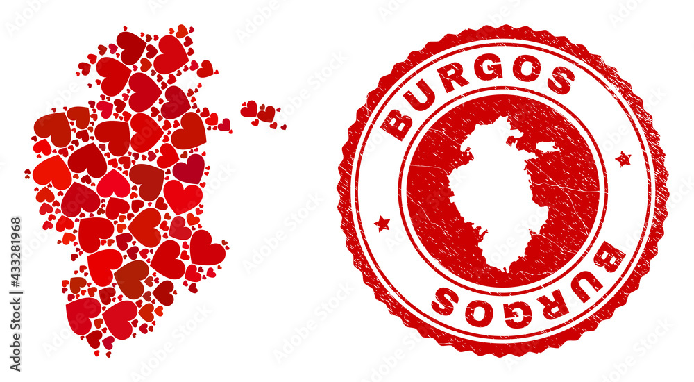 Mosaic Burgos Province map composed with red love hearts, and corroded seal. Vector lovely round red rubber seal imprint with Burgos Province map inside. Mosaic Burgos Province map composed with red love hearts, and corroded seal. Vector lovely round red rubber seal imprint with Burgos Province map inside.