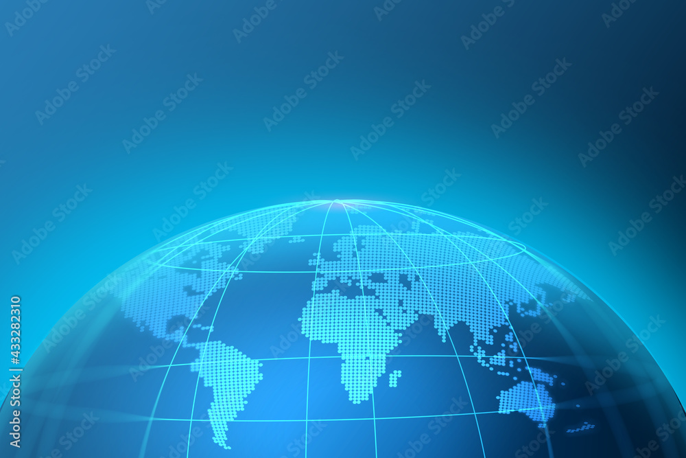 Map World representing the global network line wire frame banner on blue background