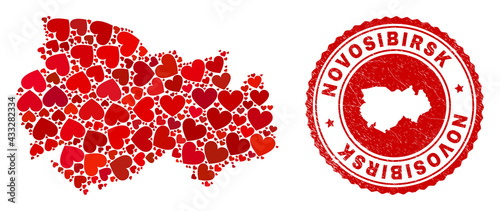 Collage Novosibirsk Region map created with red love hearts, and scratched stamp. Vector lovely round red rubber stamp imitation with Novosibirsk Region map inside.