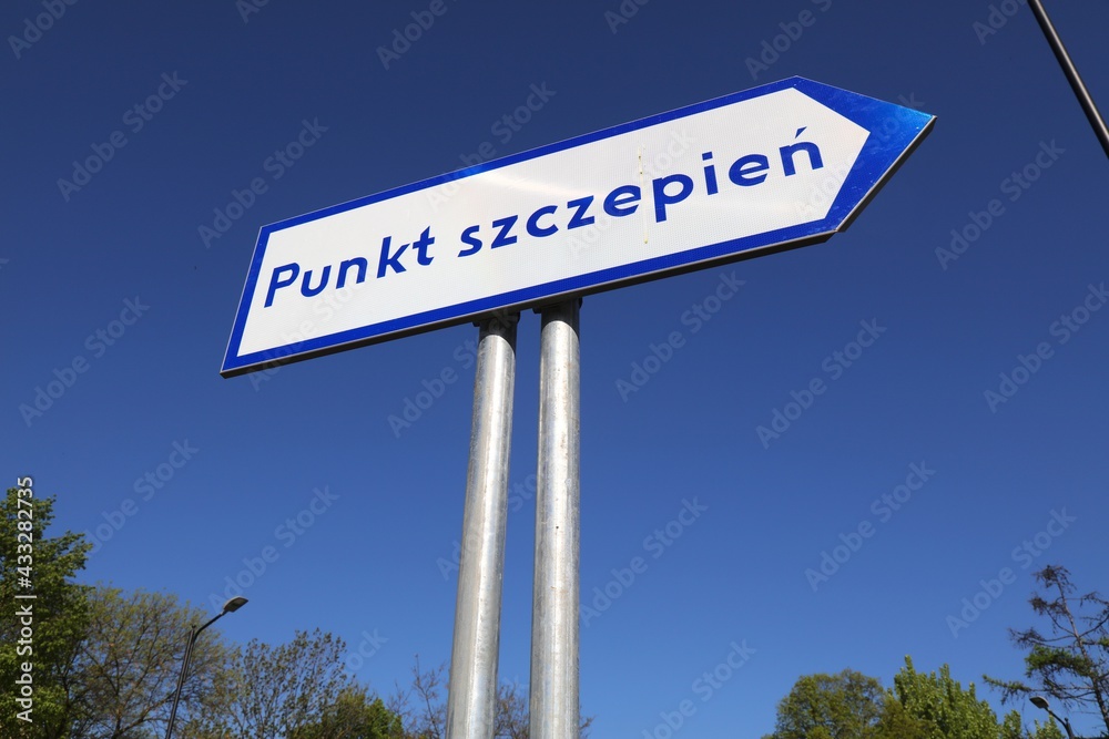Fototapeta premium Vaccination point (Polish: Punkt szczepien) official sign. Covid-19 vaccination centre. Gliwice city in Poland.