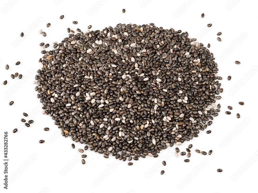 pile of chia seeds closeup on white pile of chia seeds closeup on white