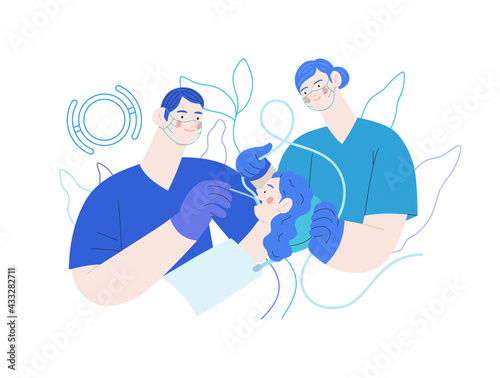Routine dental checkups - medical insurance illustration. Modern flat vector