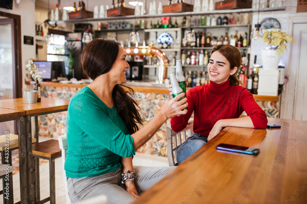 Cheerful female friends toasting beer bottles in bar Cheerful female friends toasting beer bottles in bar