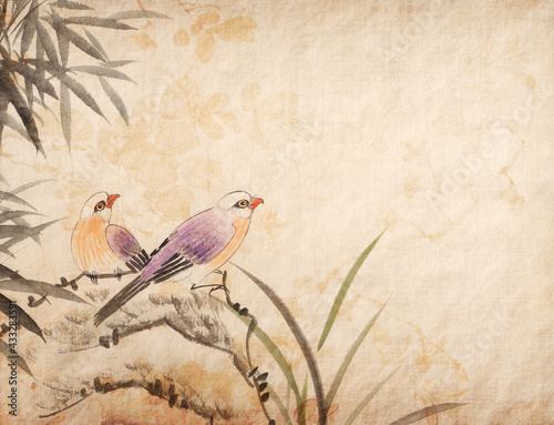 Fototapeta Naklejka Na Ścianę i Meble -  Traditional chinese painting two birds on old Paper Background
