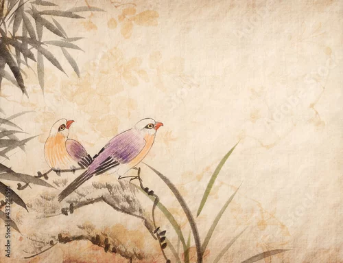 Fototapeta Traditional chinese painting two birds on old Paper Background