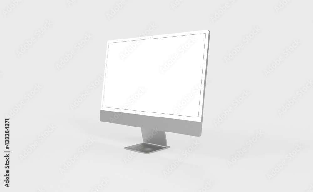 Realistic 3D new display imac Computer, with a white screen, isolated on a background Realistic 3D new display imac Computer, with a white screen, isolated on a background