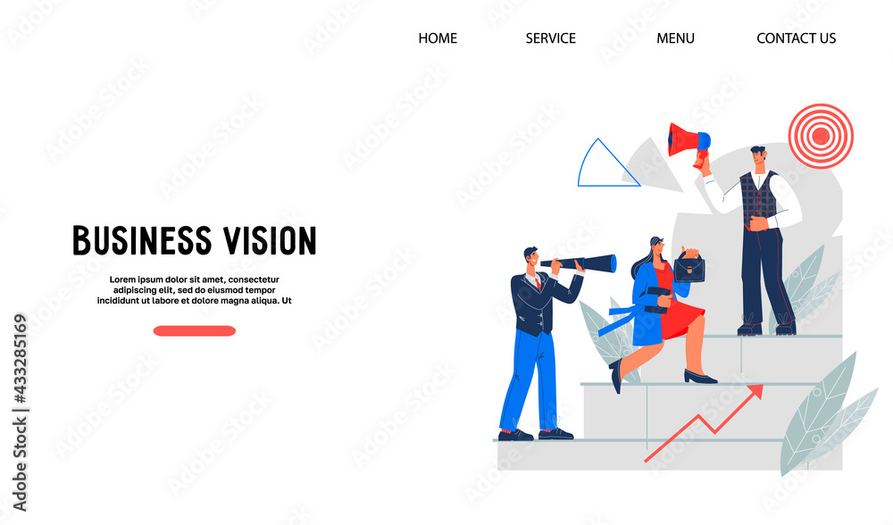 Website template with business people aiming up career ladder, flat vector illustration. Opportunities for professional  growth and business development, achieving goals and career implementation.