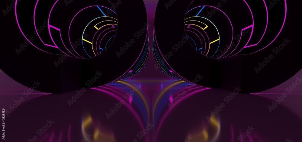 Abstract architectural minimalistic background. Laser show in the ultraviolet spectrum. Modern impulse tunnel. Futuristic space sci-fi frame neon backlight. 3D illustration and rendering.