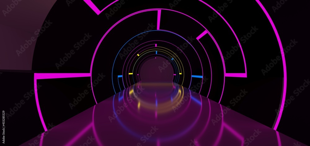 Abstract architectural minimalistic background. Laser show in the ultraviolet spectrum. Modern impulse tunnel. Futuristic space sci-fi frame neon backlight. 3D illustration and rendering.