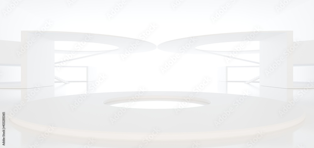 Luxury white abstract architectural minimalistic background. Contemporary showroom. Modern exhibition stand. Empty gallery. Backlight. Polygonal Graphic Design. 3D illustration and rendering.