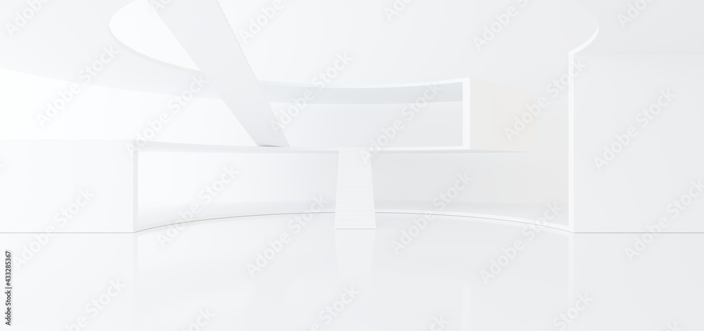 Luxury white abstract architectural minimalistic background. Contemporary showroom. Modern exhibition stand. Empty gallery. Backlight. Polygonal Graphic Design. 3D illustration and rendering.