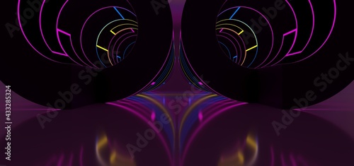 Obraz na płótnie Abstract architectural minimalistic background. Laser show in the ultraviolet spectrum. Modern impulse tunnel. Futuristic space sci-fi frame neon backlight. 3D illustration and rendering. w salonie