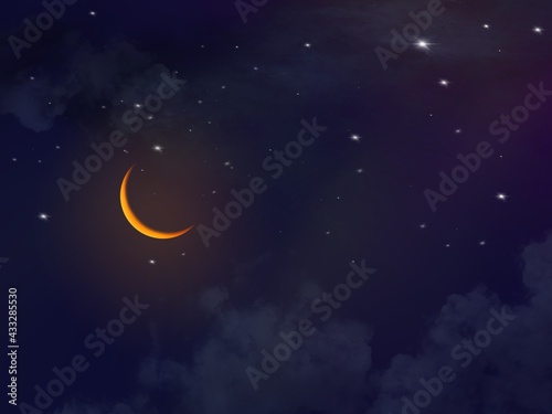A night sky with stars and crescent moons. Illustrations created with a tablet. Used as a background or wallpaper.