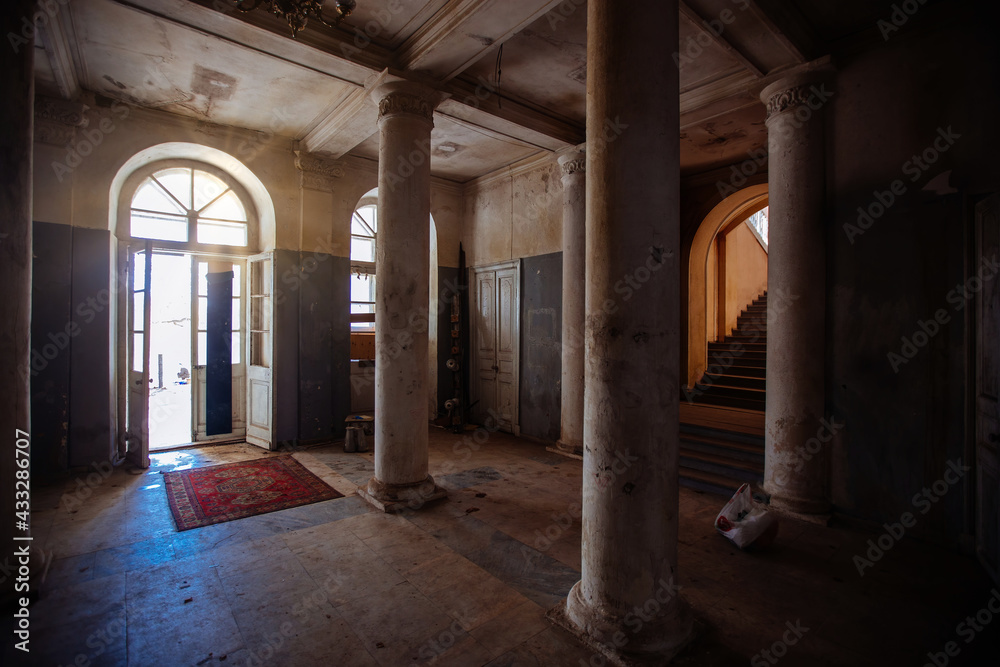 Old abandoned historical mansion Znamenskoye-Sadki, inside view
