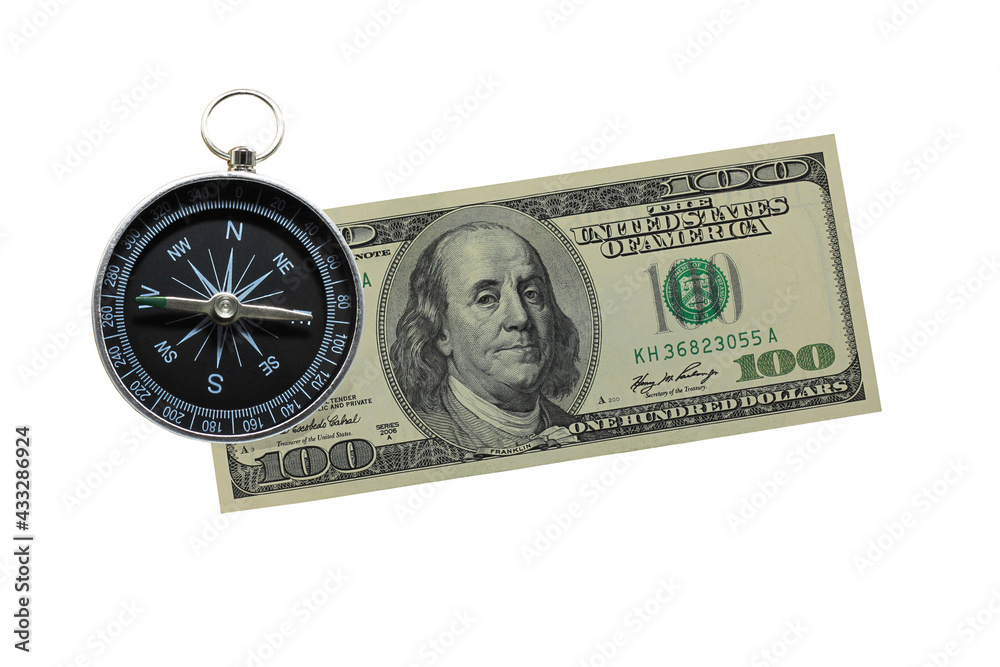 Round compass on paper dollar isolated on white background with place for text as symbol of tourism with compass, travel with compass and outdoor activities with compass Round compass on paper dollar isolated on white background with place for text as symbol of tourism with compass, travel with compass and outdoor activities with compass