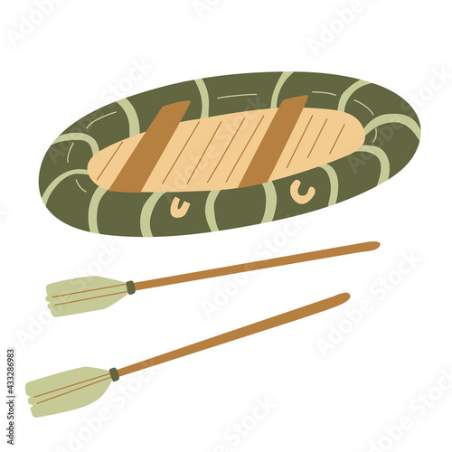 Inflatable boat with two paddles. Hand drawn flat vector illustration isolated on white background. Camping and tourism equipment.
