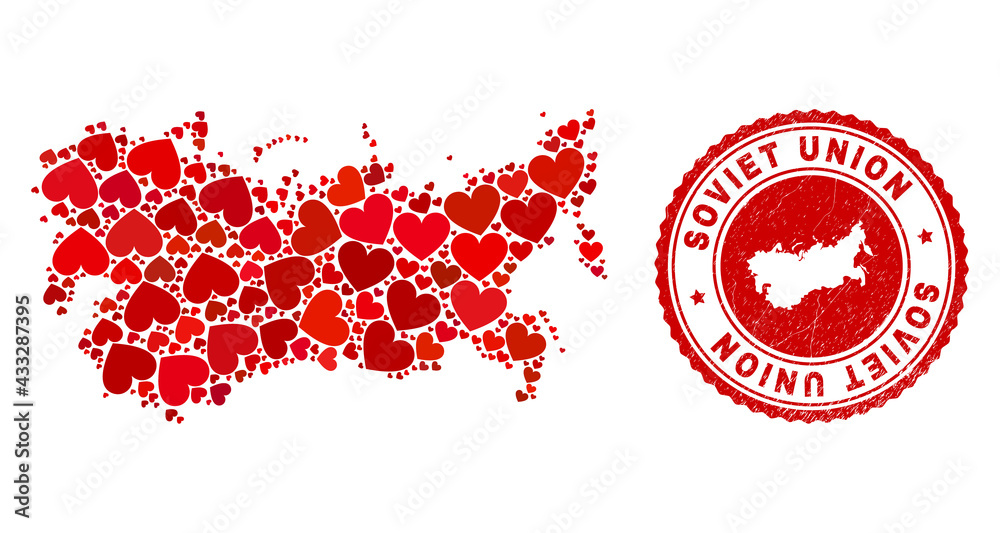 Mosaic Soviet Union map created with red love hearts, and corroded seal. Vector lovely round red rubber seal stamp imprint with Soviet Union map inside.