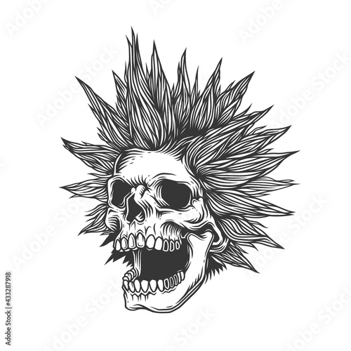 Original monochrome vector illustration on a white background. Crazy skull with crazy hairdo. T-shirt design, stickers, print.