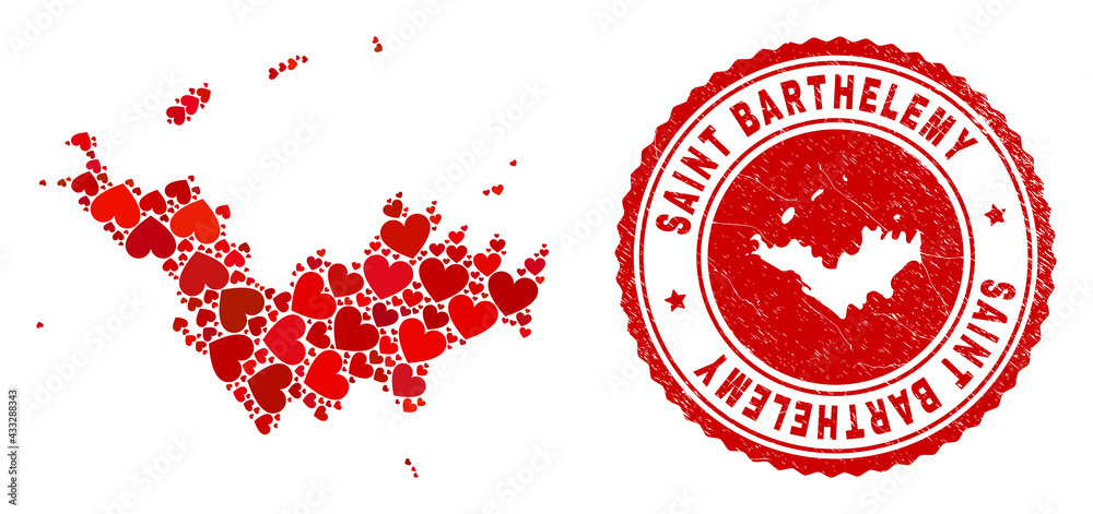 Mosaic Saint Barthelemy map formed from red love hearts, and rubber stamp. Vector lovely round red rubber seal stamp imitation with Saint Barthelemy map inside. Mosaic Saint Barthelemy map formed from red love hearts, and rubber stamp. Vector lovely round red rubber seal stamp imitation with Saint Barthelemy map inside.