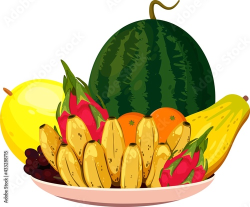 Plate with fruits for celebrating Vietnamese Lunar New Year "Tet". Tết-Vietnamese New Year, Vietnamese Lunar New Year, or Tet Holiday. Vector illustration