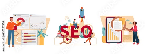 SEO strategy abstract concept vector illustration set in trendy style. People analyzing charts, graphs, planning business and managing data on laptop and smartphone.  Target keyword, boost in traffic.