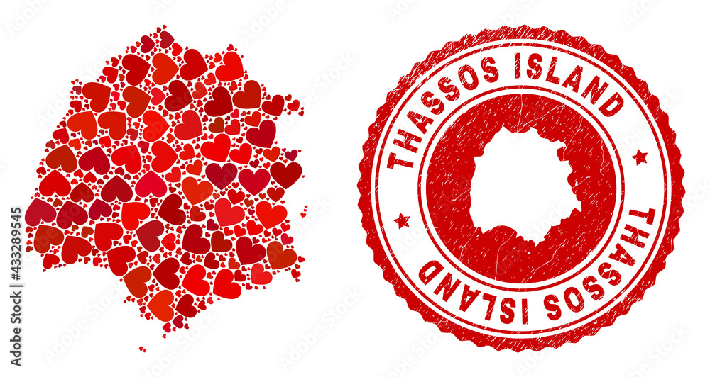 Collage Thassos Island map created with red love hearts, and dirty seal. Vector lovely round red rubber seal imitation with Thassos Island map inside.